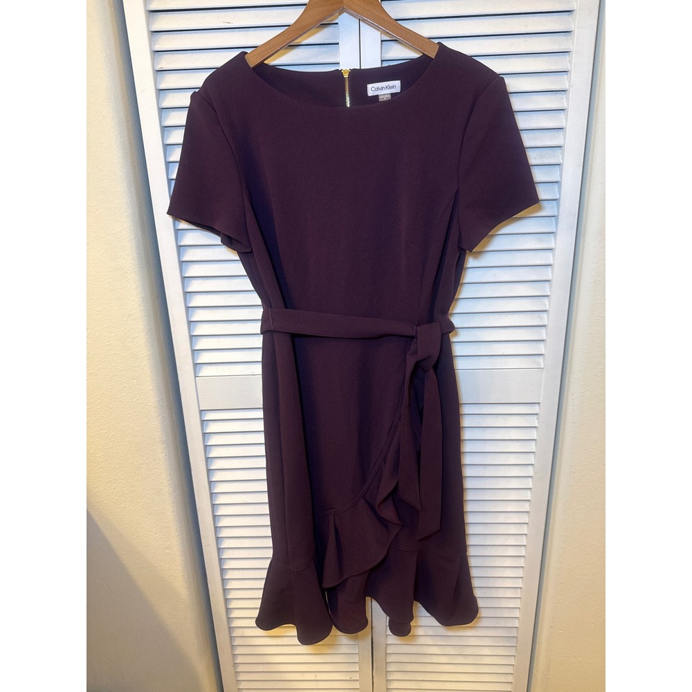 Calvin Klein Womens Plum Purple Ruffle Faux Wrap Sheath Dress Size 14 Gold Zip